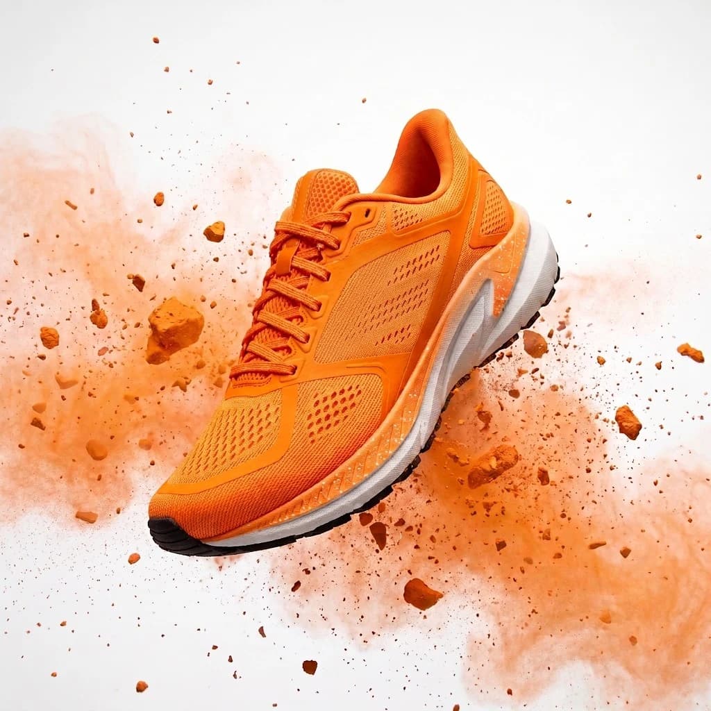 An orange running shoe tilted through a cloud of orange powder and rock