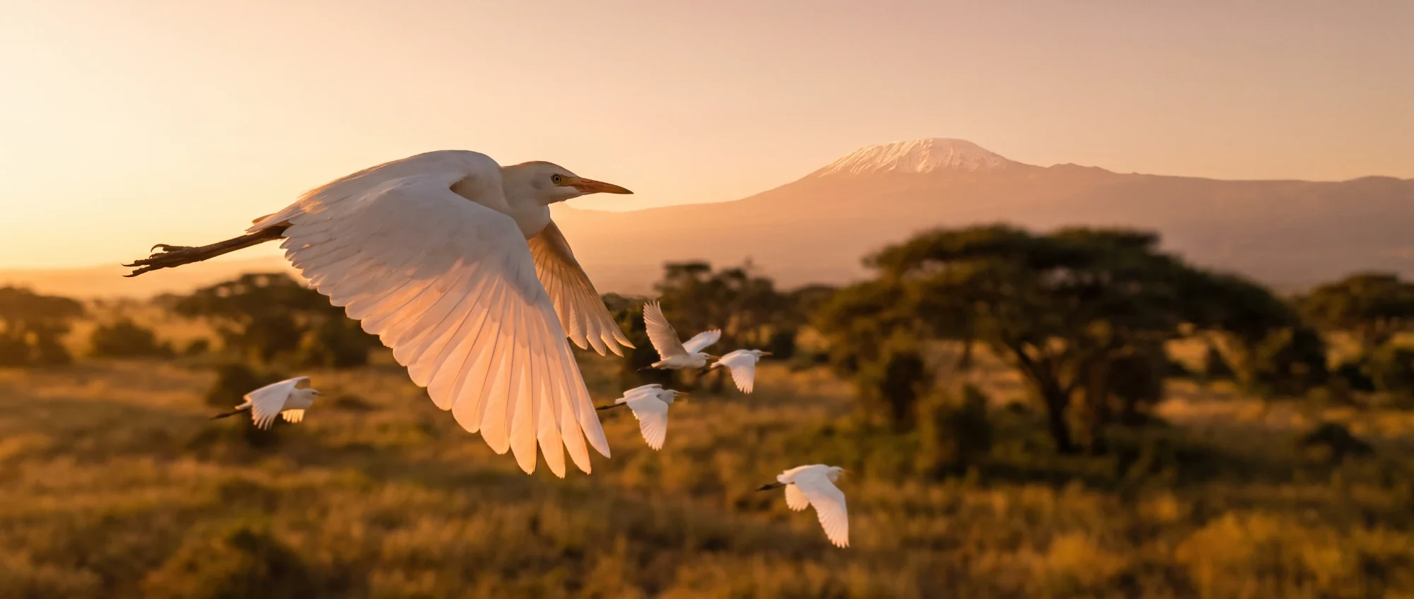 Egrets in flight at sunrise with a mountain behind