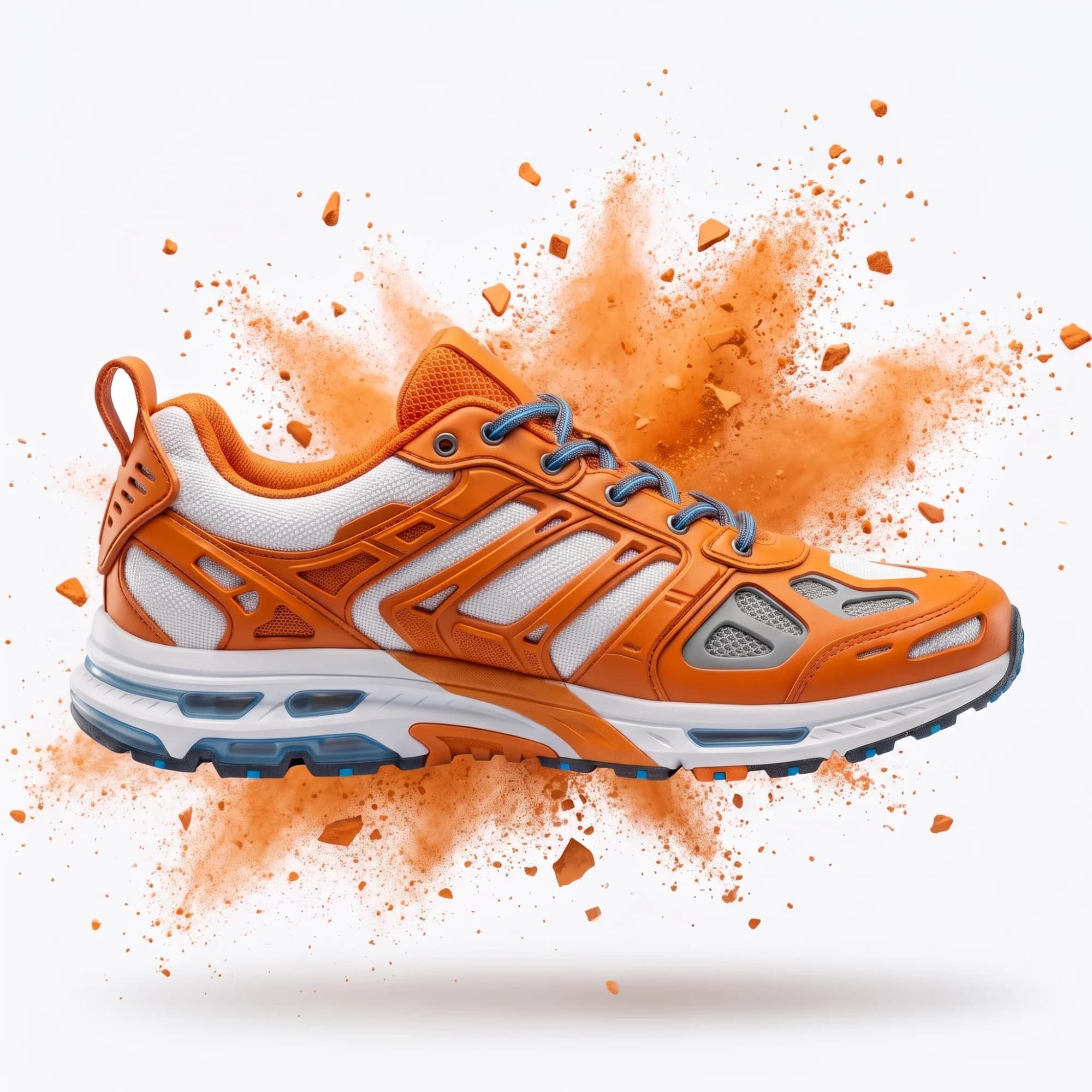 The running shoe in a burst of orange powder